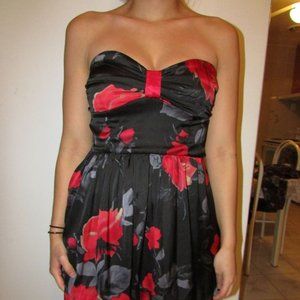 Black and Red Floral Strapless Dress Size Small